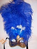 Venetain Colombina Feather Carnival Mask/Blue and Gold/Blue Feathers