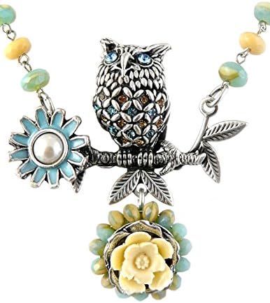 Majestic Owl Necklace - Pewter, Enamel, Jasper Stone, and Swarovski Crystal