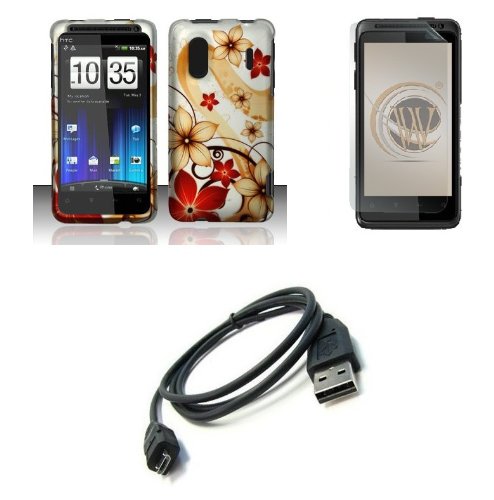 HTC EVO Design 4G (Sprint) Premium Combo Pack - Red and Gold Hibiscus Flower on Silver Design Rubberized Shield Hard Case Cover + Atom LED Keychain Light + Screen Protector + USB Cable