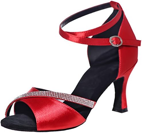 NLOOK Women's Elegant Ankle Cross Strap Red Satin Dance High Heels Sandals 8.5 M US