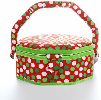 Sewing Basket Sewing Box Metro Living Fabric Hobby Box ~ Medium Green, Red &amp; White Polka Dot Octagon ~ 8.75" X 8.75" X 4" (22.225cm x 22.225cm x 10.16cm) with Fabric Covered Handle, Magnetic Clasp and Green Velvet Trim