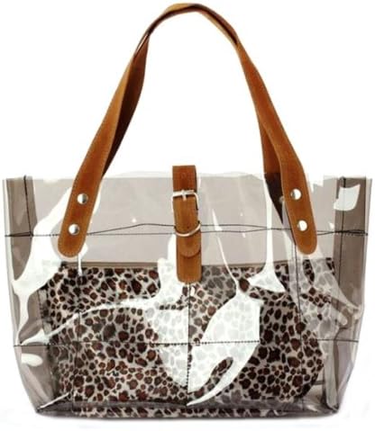Mis Adelita Vinyl Clear Transparent Carrier Beach Hand Carry Tote + Cheetah Print Cosmetic Bag (Gray)