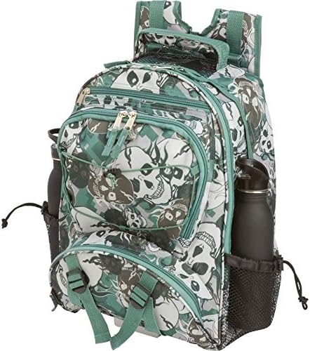 New 17" Green &amp; Grey Skull Camo Backpack Goth School Book Bag Biker Tote Hiking
