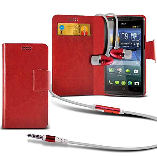 ( Red + Earphone ) Acer Liquid E700 Protective Stylish Fitted Super Thin Faux Leather Suction Pad Wallet Case Cover Skin With Credit/Debit Card Slots With Premium Quality in Ear Buds Stereo Hands Free Headphones Headset with Built in Microphone Mic and On-Off Button by ONX3