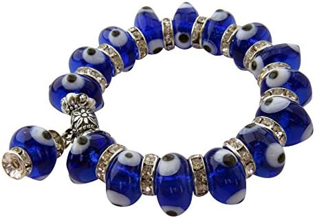 Evil Eye Stretch Charm Bracelet with Navy Blue Murano Glass Beads and Zircon Crystals
