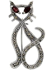 Sterling Silver Marcasite Cut Out Cat Brooch Pin w/ Marquise Cut Garnet Stones, 1 13/16 in. (46mm) tall