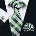 Barry.Wang Plaid Ties Check Mens Necktie Set with Handkerchief Cufflinks Classic Stripe Green Grey