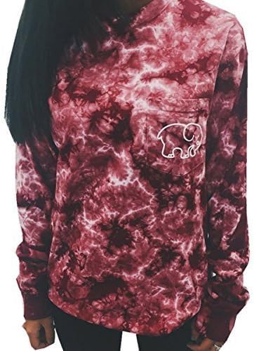 Women Long Sleeve Crew Neck Dyed Shirt Elephant Printed Pocket Tops Red Tie Dye Medium