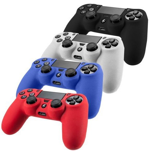 DQDF 4 PCS Pack Soft Silicone Gel Rubber Grip Controller Protecting Cover - Black/Red/Blue/White (PS4) DQDF 4 PCS Pack Soft Silicone Gel Rubber Grip Controller Protecting Cover - Black/Red/Blue/White (PS4)