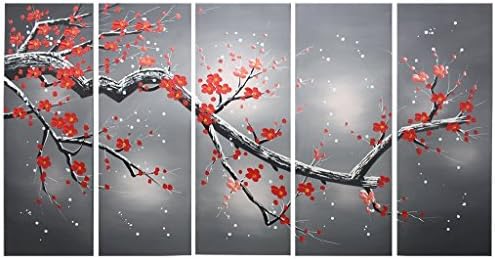 Ode-Rin Hand Painted Abstrat Art Work on sale Oil Paintings Red Plum Blooming 5 Panels Wood Framed Inside For Living Room Art Work Home Decoration Mixorde