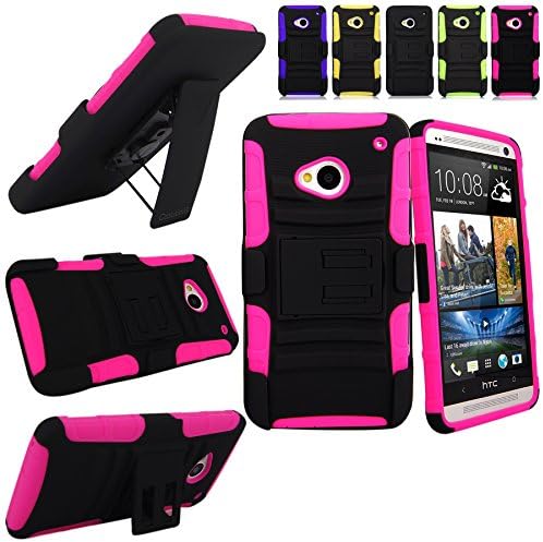 HTC One - Cellularvilla Hard Soft Dual Layer Hybrid Armor Shell Holster Kickstand Combo Case with Locking Belt Swivel Clip Cover for HTC One M7 (Pink Black)