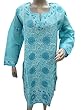 Casual Indian Kurta Dress Dodger Blue Chikan Embroidered Cotton Kurti