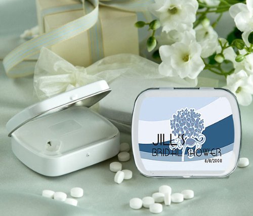 Wedding Favors Blue Bouquet Design Personalized Glossy White Hinged Mint Box (set Of 24) Picture