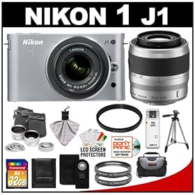 Nikon 1 J1 10.1 MP Digital Camera Body with 10-30mm & 30-110mm VR Lens (Silver) with 32GB Card + Case + (2) UV Filters + 2x Telephoto & .45x Wide-Angle Lens Set + Tripod + Remote + Accessory Kit