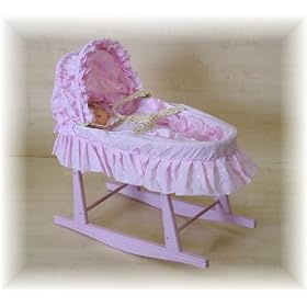Dolls pink toy moses basket and pink rocking stand