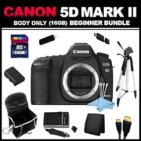 Canon EOS 5D Mark II 21.1MP Full Frame CMOS Digital SLR Camera (Body Only) (16GB Beginner Bundle Kit) includes Charger, Battery, 16GB SD Card, USB Card Reader, HDMI Cable, Carrying Case, 57 Tripod and Cleaning Kit - 2764B003