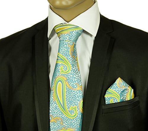 Turquoise and Yellow Paisley Silk Tie and Pocket Square