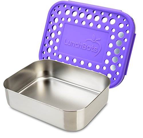 LunchBots Uno Reusable Stainless Steel Lunch Container, Stainless Steel Lid, Purple Dots Cover, Dishwasher Safe
