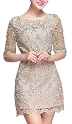 Round Neck Elbow Length Sleeves Lace Embroidered Short  Dress