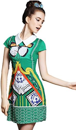 Women's Printed Satin Turn-down Collar Dress Plus Size G079(Green,US 16)