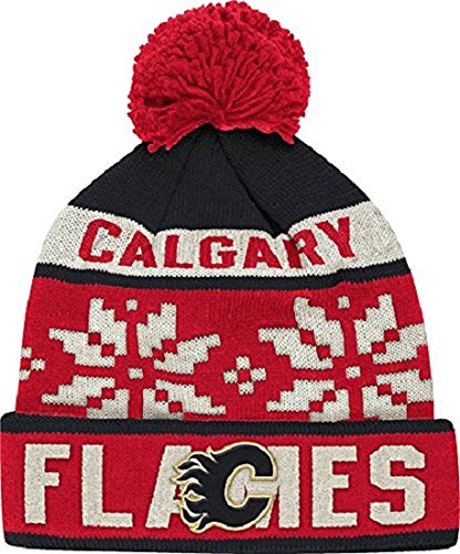 NHL Calgary Flames Men's Face-Off Winter Cuffed Pom Knit Beanie, One Size, Red