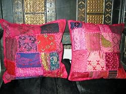 Home Decor- 2 Fuchsia Pink Patchwork Pillow Covers Cases India 16x16