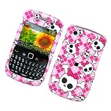 Female Multiple White Skull with Bow on Pink Checker Snap on Hard Skin Cover Case for Blackberry Curve 8520 8530 + Microfiber Cell Phone Bag