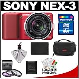 Sony Alpha NEX-3 Digital Camera Body and E 18-55mm OSS Compact Interchangeable Lens (Red) with 16GB Card + Battery + Case + Accessory Kit