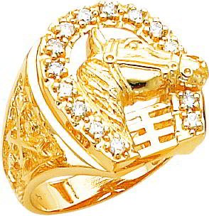 14K Gold Horse Head & Diamond Horseshoe Mens Ring Size 10