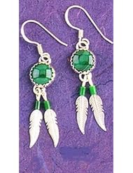 Handmade Southwest Sterling Silver Feather Dangle Earrings with Round Green Malachite Stones and Matching Beads