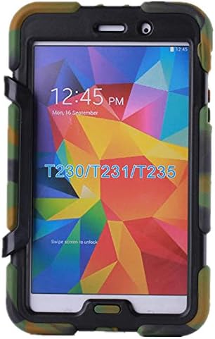 KRYSTALH Armor Heavy Duty Rugged Impact Hybrid Case with Black Built in Kickstand Cover for Samsung Tablet Tab 4 7.0"-inch T230/231/T235 Hard Rubber Shockproof Protective Case Cover with Built in Screen Protector (Camouflage)