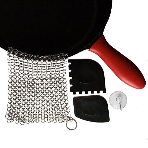 Chain Mail Cast Iron Cleaner Kit by Rosella Market Includes: Premium XL 316 Stainless Steel SCRUBBERY Chainmail Scrubber, 2 Pan Scrapers, Silicone Hot-Handle Holder, Storage Hook