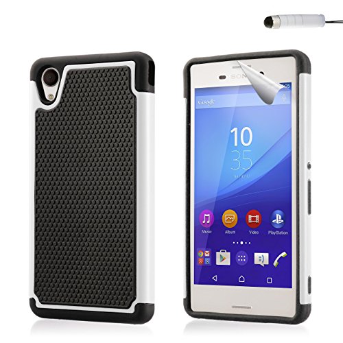 32ndÂ® Shock proof dual defender case cover for Sony Xperia M4 Aqua + screen protector, cleaning cloth and touch stylus - White