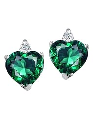 Tommaso Design (tm) Heart Shape Simulated Emerald and Genuine Diamonds Earring Studs in 14 kt White Gold
