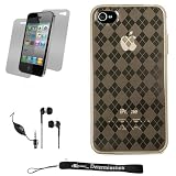 Smoke Durable TPU Skin Cover Case with Back Argyle Design for New Apple iPhone 4 ( 4th Generation 16GB 32GB - AT&T and Verizon ) + Includes Anti Glare Screen Protector Guard + Includes High Quality HD Noise Filter Earphones with Microphone