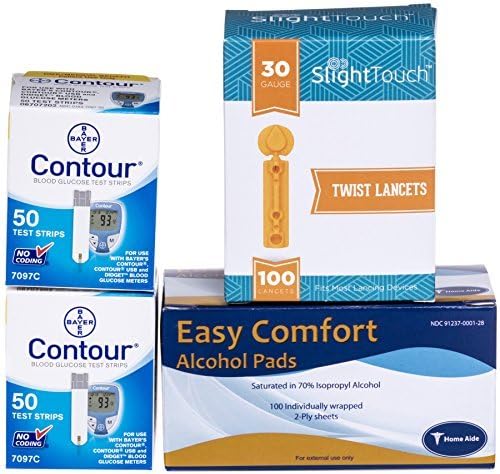 Bayer Contour Test Strips 100 Count, 100 Slight Touch 30g Lancets, 100 Alcohol Prep Pads by Slight Touch