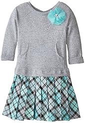 Girls Long Sleeves Sweater Plaid Print Metallic/Polyester/Spandex/Knit Dropped   Waistline Lace  Pleated  Dress With Rhinestones