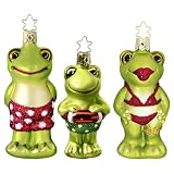 Inge-glas 68329 Weihnachtsfrösche, 3 Stück/Box, Set aus Bademeister 12 cm+ Badenixe 11.5 cm + Ernst 10 cm, Glasornamente, mundgeblasen und handbemalt