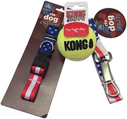 American Flag Dog Collar and Leash Set with Kong Squeaky Tennis Ball Toy - Patriotic Accessories for Medium Dogs