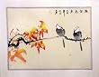 Two Birds on a Branch with Fall Leaves - Original Hand Painted Watercolor Art on Rice Paper