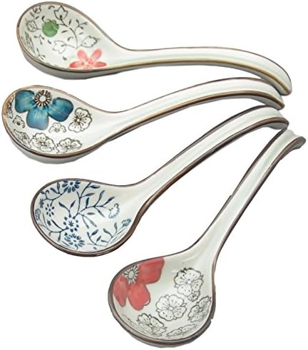 7 inch Long handle Hook Spoon Set, Soup Spoon, Set of 4 flower design