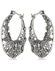Sterling Silver Oxidized Marcasite Crescent and Floral Design Hoop Earrings (1.12" Diameter)