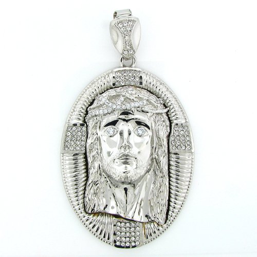 Men's Iced Out Hip Hop White Gold Plated Crystal Oval Jesus Face Religious Charm Pendant