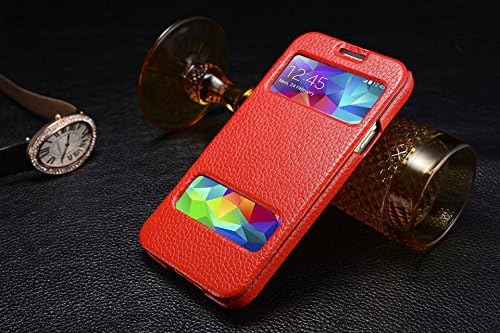 Luxury S5 Protective Cover, Double View Window Vintage Genuine Leather Case for Samsung Galaxy S5 (Red)