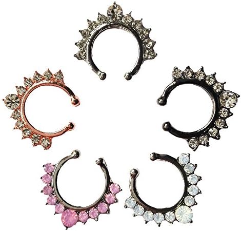 Guzesion Non Piercing Nose Ring Crystal Creative Fake Septum Clicker Nose Ring(multiform Color Choices) (5 Pieces)