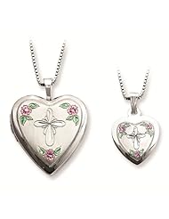 Just Like Mommy Collection Sterling Silver Polished & Satin Finish Cross Flowers Heart Locket Pendant Necklace Set with 14" & 18" Box Chain