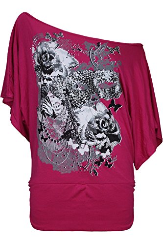 Oops Outlet Women's Roses Butterfly Off Shoulder Bardot Batwing Sleeve Tops