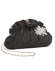 Vintage Style Black Evening Bag Clutch Purse Crystal Brooch Accent w/ Chain Straps