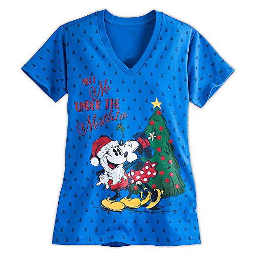 Disney Women Santa Mickey and Minnie Mouse Holiday Tee Blue