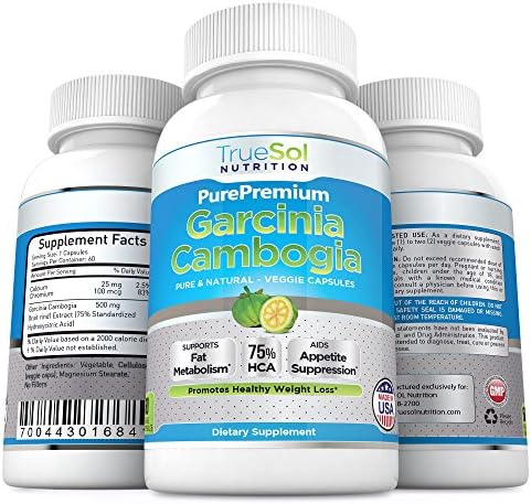 True Sol - Garcinia Cambogia Extract with Standardized 75% HCA - All Natural Appetite Suppressant and Weight Loss Supplement - 100% Pure - 120 Capsules